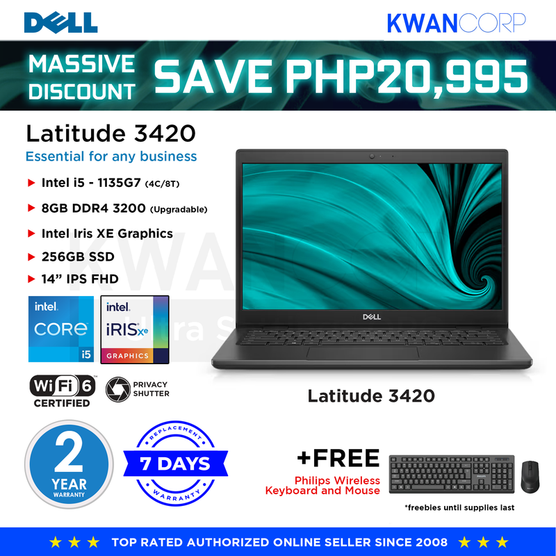Dell Latitude 3420 Intel i5 - 1135G7 8GB RAM Intel Iris XE Graphics 256GB SSD 14" IPS FHD Business Laptop