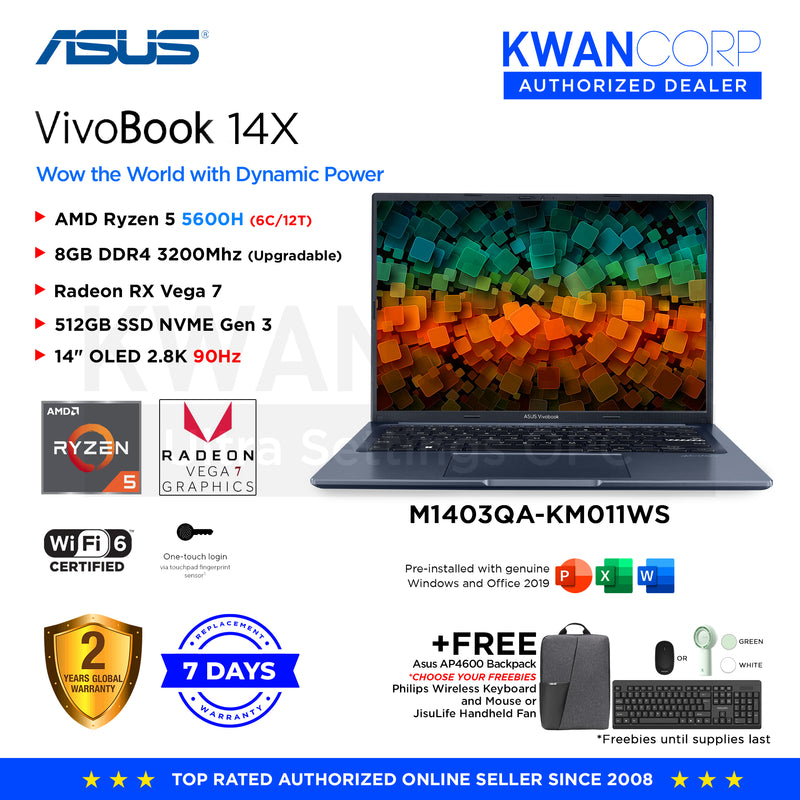 Asus Vivobook 14X M1403QA-KM011WS AMD Ryzen 5 5600H 8GB RAM Radeon RX Vega 512GB SSD Gen 3 14" OLED 2.8K reso Mainstream Laptop