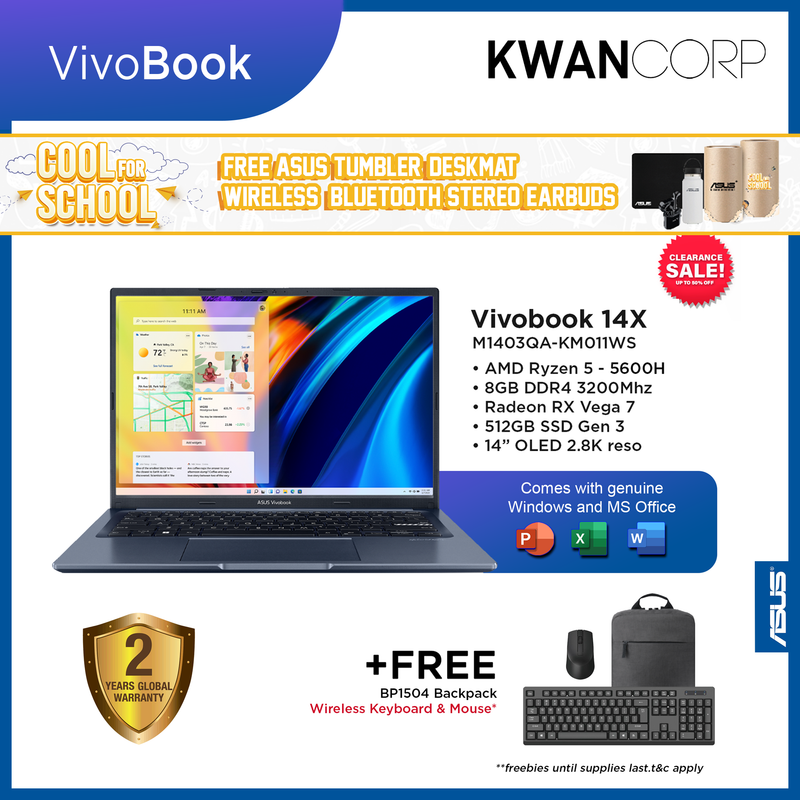 Asus Vivobook 14X M1403QA-KM011WS AMD Ryzen 5 5600H 8GB RAM Radeon RX Vega 512GB SSD Gen 3 14" OLED 2.8K reso Mainstream Laptop