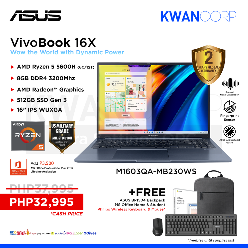 Asus Vivobook 16X M1603QA-MB230WS AMD Ryzen 5 5600H  8GB RAM AMD Radeon™ Graphics 512GB SSD Gen 3 16" IPS  WUXGA Premium Laptop
