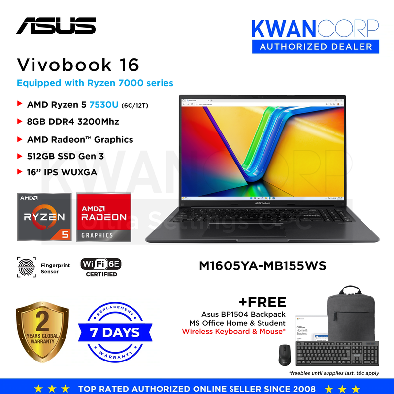Asus Vivobook 16 M1605YA-MB155WS AMD Ryzen 5 7530U 8GB RAM AMD Radeon™ Graphics 512GB SSD 16" WUXGA Mainstream Laptop
