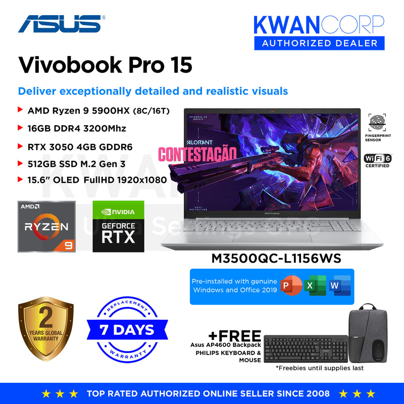 Asus Vivobook Pro 15 M3500QC-L1156WS AMD Ryzen 9 5900HX 16GB RAM RTX 3050 4GB 512GB SSD 15.6" OLED FHD Gaming Laptop