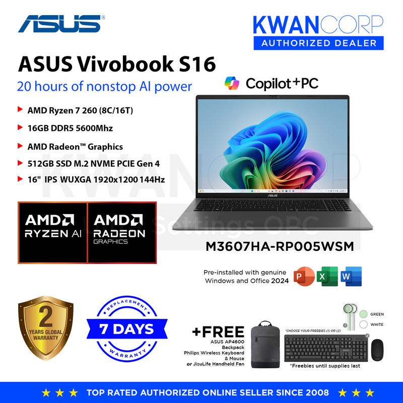 Asus Vivobook S16. M3607HA-RP005WSM AMD Ryzen 7	260 16GB RAM AMD Radeon™ Graphics 512GB SSD 16" IPS WUXGA 144Hz Windows 11 Mainstream Laptop