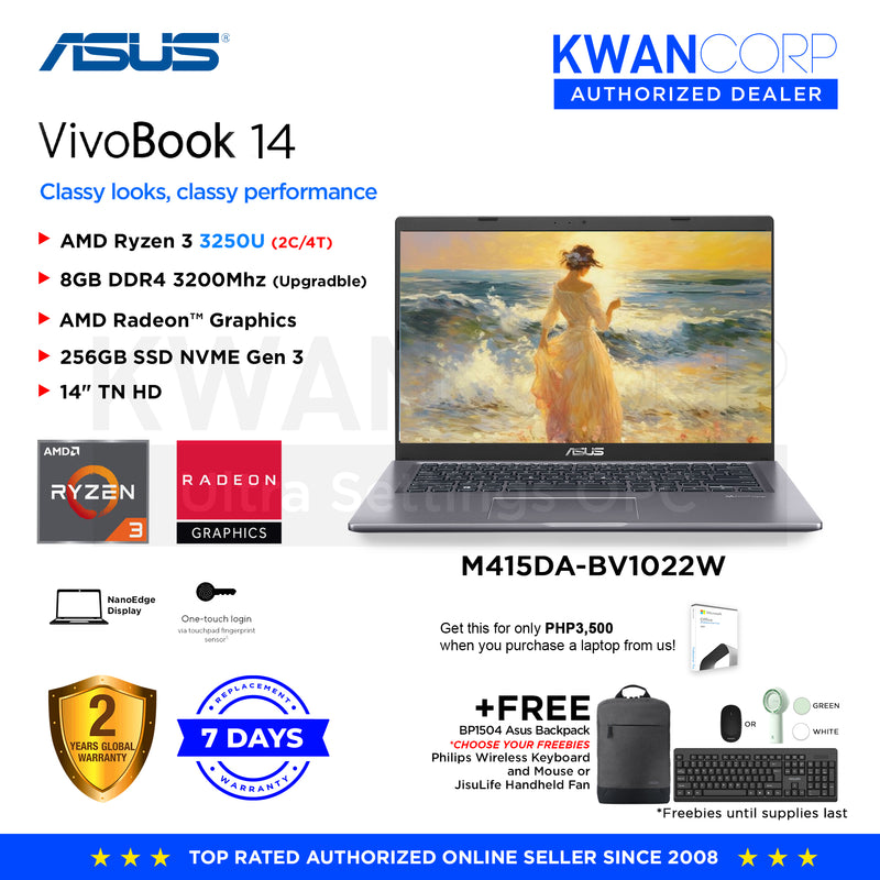 Asus Vivobook 14 M415DA-BV1022W AMD Ryzen 3 3250U 8GB RAM AMD Radeon™ Graphics 256GB SSD 14" NanoEdge Display Mainstream Laptop