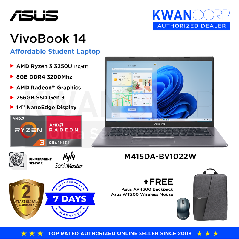 Asus Vivobook 14 M415DA-BV1022W AMD Ryzen 3 3250U 8GB RAM AMD Radeon™ Graphics 256GB SSD 14" NanoEdge Display Mainstream Laptop