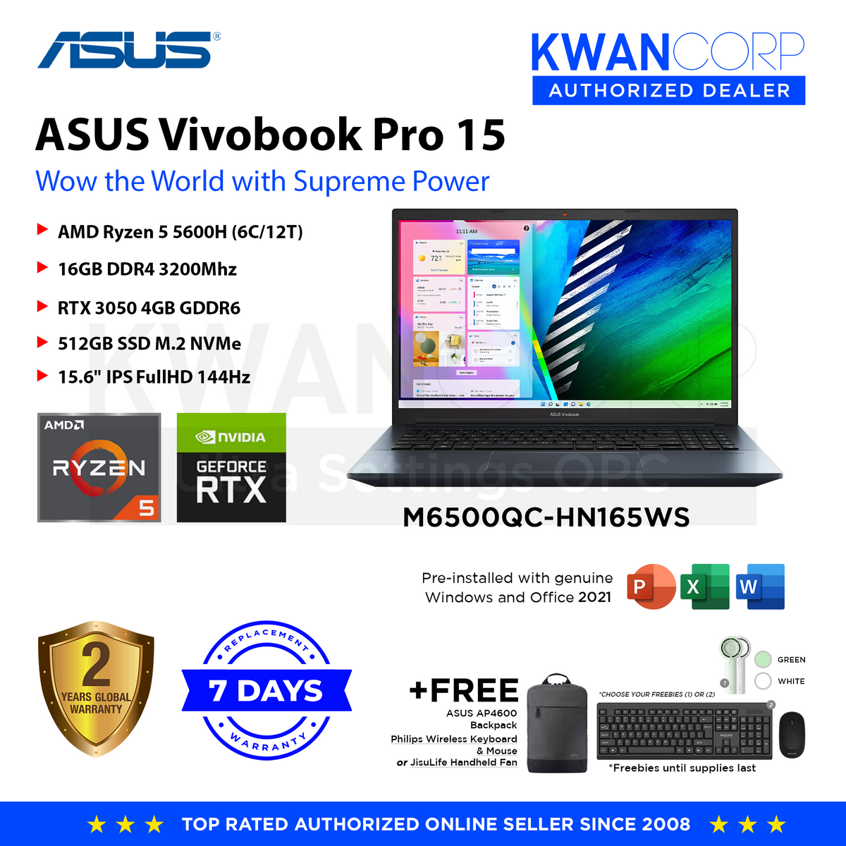 Asus VivoBook Pro 15 M6500QC-HN165WS AMD Ryzen 5 5600H RTX 3050 16GB R