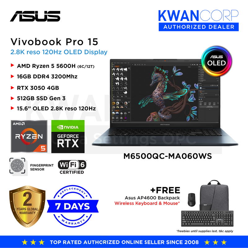Asus Vivobook Pro 15 M6500QC-MA060WS AMD Ryzen 5 5600H 16GB RAM AMD Radeon™ Graphics RTX3050 4GB 512GB SSD Gen 3 512GB SSD 15.6" OLED 3K reso Laptop