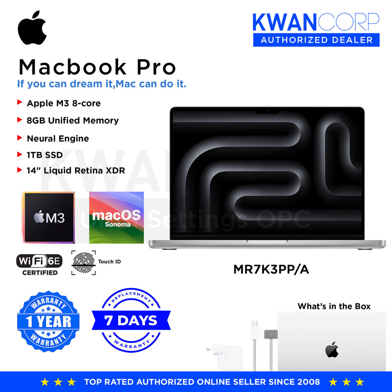 Apple MacBook Pro 14" (2024) MR7K3PP/A Apple M3 8GB/1TB 14" Liquid Retina XDR MacOS Sonoma
