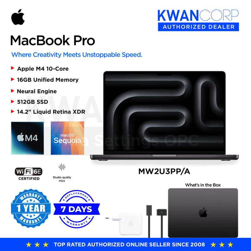Apple MacBook Pro MW2U3PP/A Apple M4 10-Core / 4.46Ghz 16GB Unified Memory Neural Engine 512GB SSD 14.2" Liquid Retina XDR 3024x1964 macOS Sequoia Premium Laptop