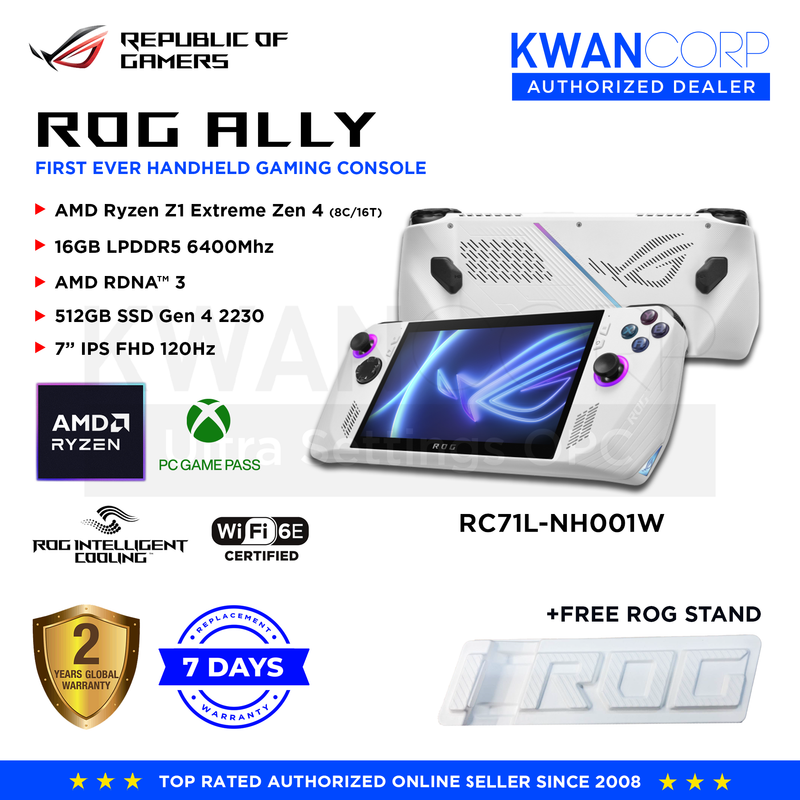 ASUS ROG Ally Console, 7 Inch FHD+ 120Hz IPS Display, AMD Ryzen Z1  Extreme, 16GB RAM, 512GB SSD, AMD Radeon Navi3