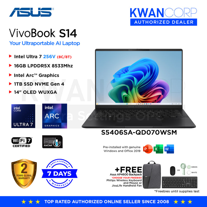Asus Vivobook S5406SA-QD070WSM Intel Ultra 256V 16GB RAM Intel Arc™ Graphics 1TB SSD 14
