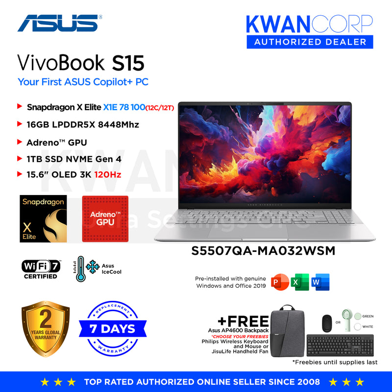 Asus Vivobook S15. S5507QA-MA032WSM Snapdragon X Elite X1E 78 100 16GB RAM Adreno™ GPU 1TB SSD 15.6" OLED 3K 2880 x 1620 120Hz Windows 11 Mainstream Laptop