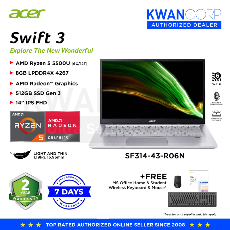 Acer Swift 3 SF314-43-R06N AMD Ryzen 5 5500U 8GB RAM AMD Radeon 512GB SSD 14" Laptop