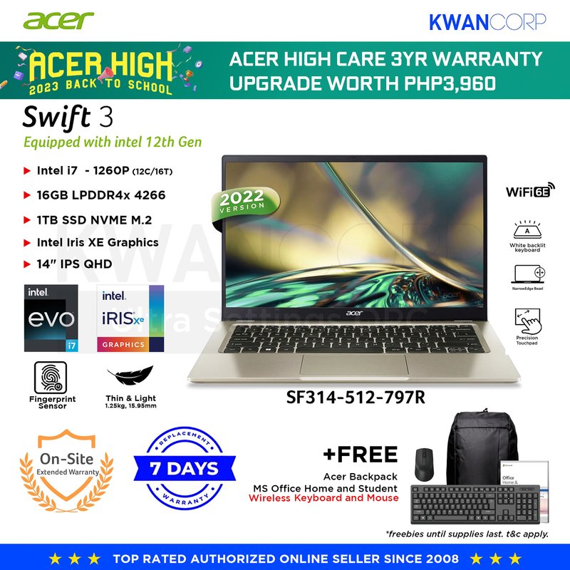 Acer Swift 3(2022) SF314-512-797R Intel i7 - 1260P 16GB RAM Intel Iris XE Graphics 1TB SSD 14" IPS QHD Windows 11 Premium Laptop
