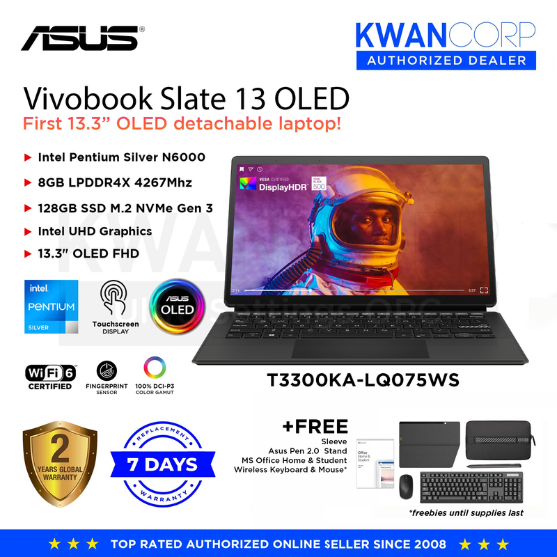Asus Vivobook Slate 13 OLED T3300KA-LQ075WS Intel Pentium Silver N6000 8GB RAM Intel UHD Graphics 128GB SSD 13.3" OLED FHD 2 in 1 Detachable Laptop
