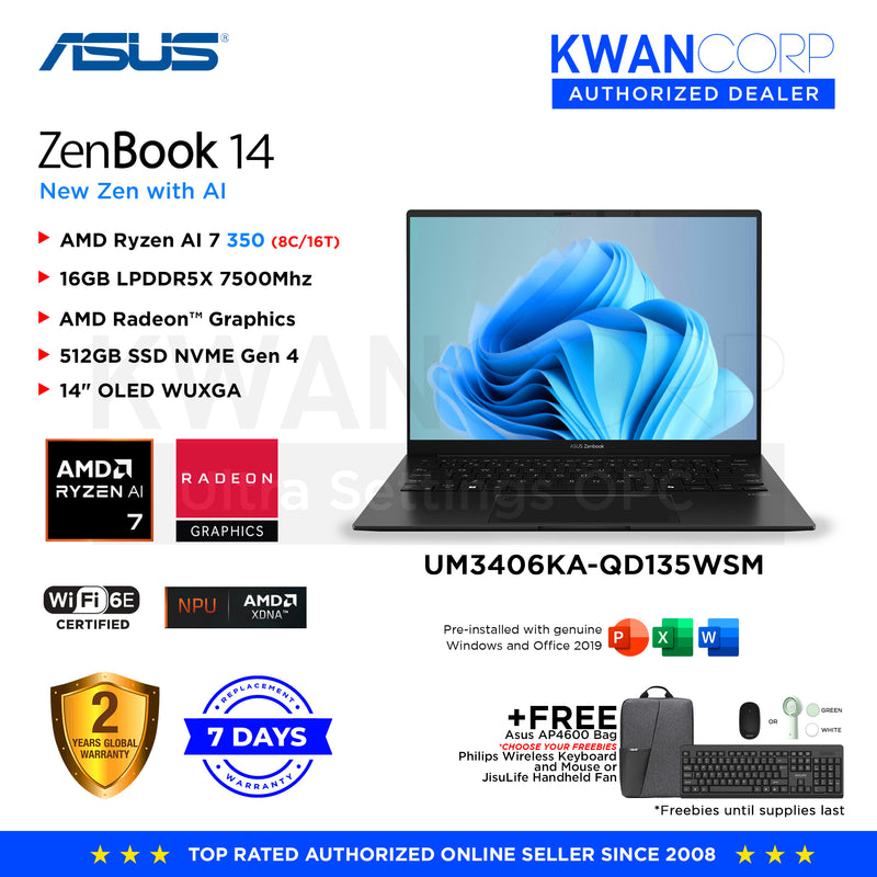 Asus Zenbook 14. UM3406KA-QD135WSM AMD Ryzen AI 7 350 16GB RAM AMD Radeon™ Graphics 512GB SSD 14" OLED WUXGA 1920x1200 Windows 11 Premium Laptop