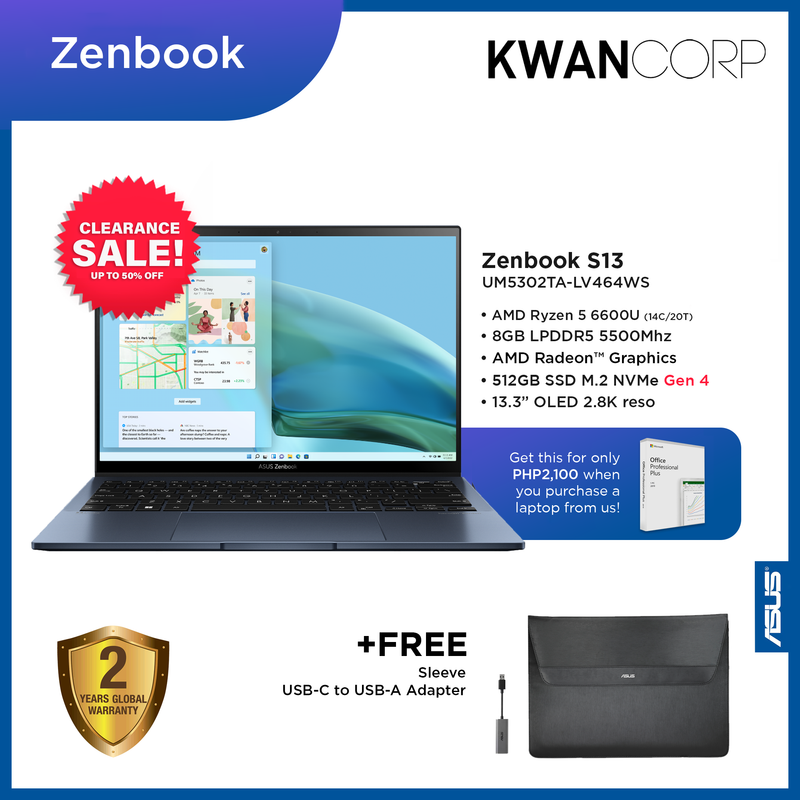 Asus Zenbook S 13 UM5302TA-LV464WS AMD Ryzen 5 6600U 8GB RAM AMD Radeon™ Graphics 512GB SSD Gen 4 13.3" OLED 2.8K Premium Laptop