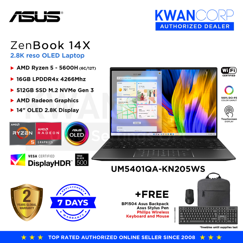 Asus Zenbook 14X UM5401QA-KN205WS AMD Ryzen 5 5600H 16GBRAM AMD Radeon Graphics 512GB SSD 14" OLED 2.8K Touchscreen Display Windows 11 Premium Laptop