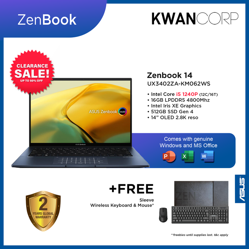 Asus Zenbook 14 UX3402ZA-KM062WS Intel i5 1240P 16GB RAM Intel Iris XE Graphics 512GB SSD 14" OLED 2.8K reso Premium Laptop