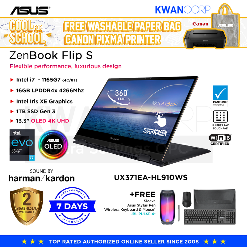 Asus Zenbook Flip S UX371EA-HL910WS Intel i7 1165G7 16GB RAM Intel Iris XE Graphics 1TB SSD Gen 3 13.3" OLED 4K UHD Premium Laptop