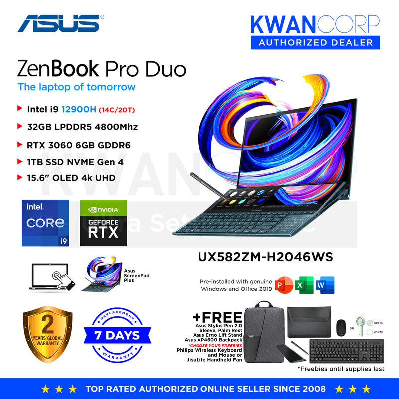 Asus Zenbook Pro Duo. UX582ZM-H2046WS Intel i9 12900H 32GB RAM RTX 3060 6GB 1TB SSD 15.6" OLED 4k UHD Windows 11 Premium Laptop