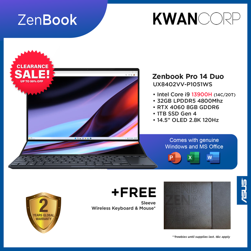 Asus Zenbook Pro 14 Duo UX8402VV-P1051WS Intel i9 13900H 32GB RAM RTX 4060 8GB 1TB SSD Gen 4 14.5" OLED 2.8K reso