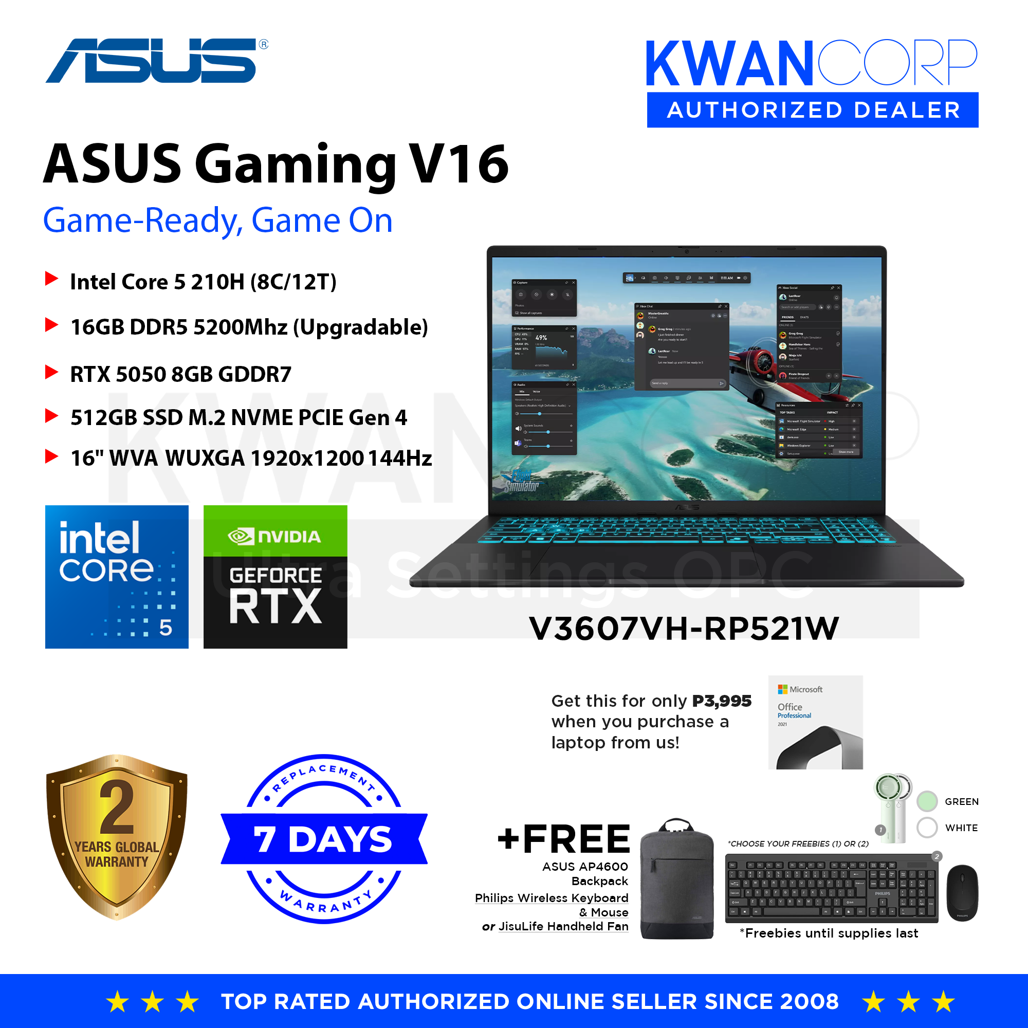 Asus Gaming V16 V3607VH-RP521W Intel Core 5 210H 16GB RAM 512GB SSD RT