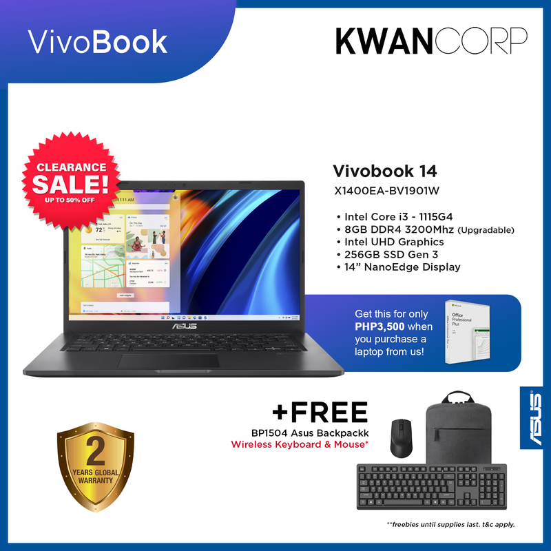 Asus Vivobook 14 X1400EA-BV1901W Intel i3 - 1115G4 8GB RAM Intel UHD Graphics 256GB SSD 14" NanoEdge Display Windows 11 Mainstream Laptop