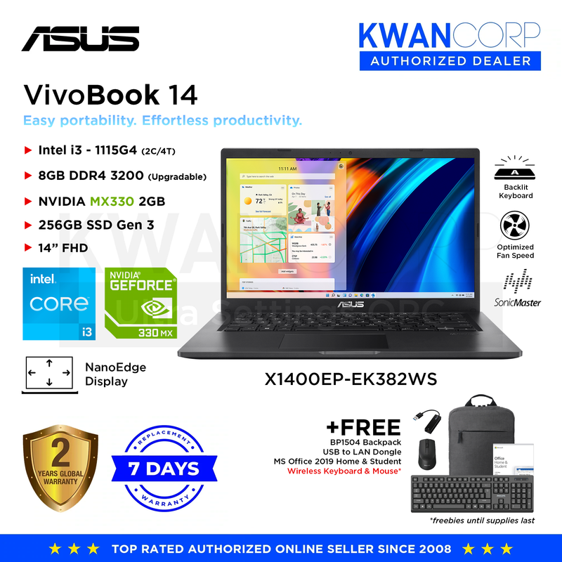 Asus Vivobook 14 X1400EP-EK382WS Intel i3 1115G4 8GB RAM MX330 2GB 256GB SSD Gen 3 14" FHD Mainstream Laptop