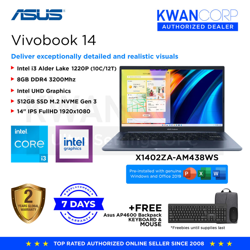 Asus Vivobook 14 X1402ZA-AM438WS Intel i3 - 1220P 8GB RAM Intel UHD Graphics 512GB SSD 14" IPS FullHD Windows 11 Mainstream Laptop