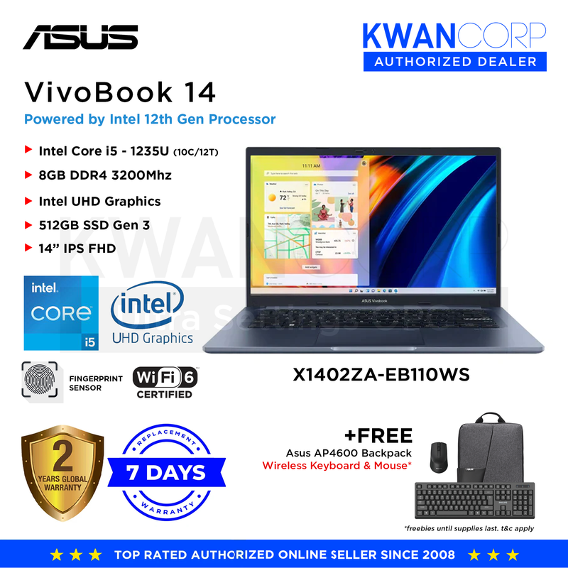 Asus Vivobook 14 X1402ZA-EB110WS Intel i5 1235U 8GB RAM Intel UHD Graphics 512gb SSD 14" IPS FHD Mainstream Laptop