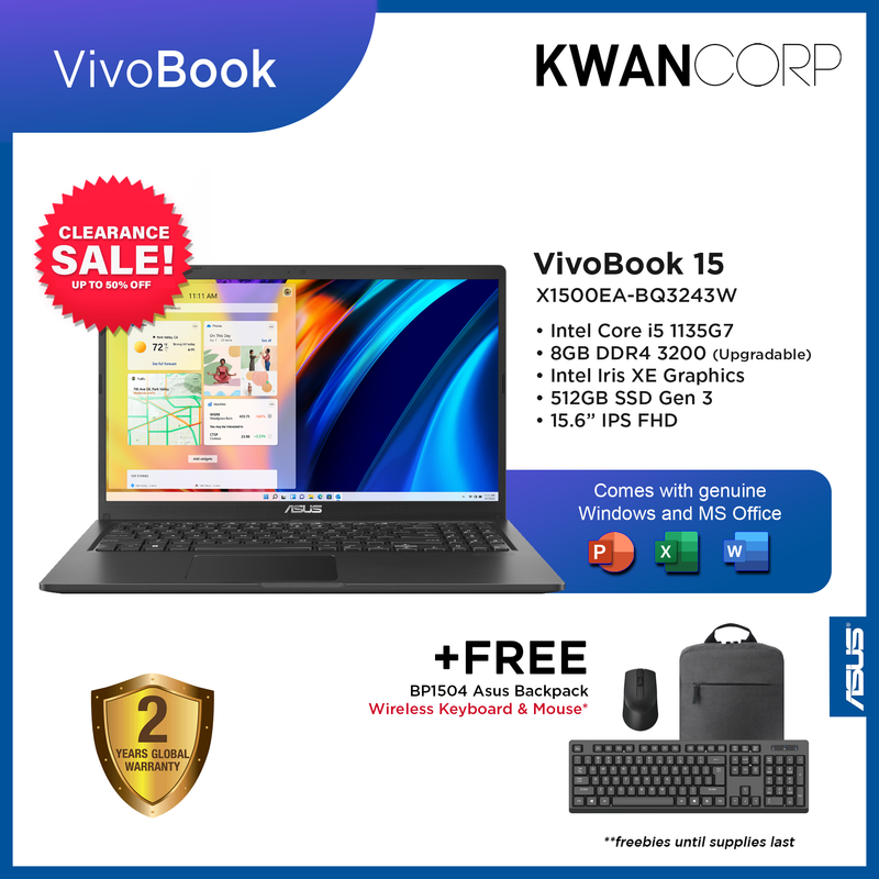 Asus Vivobook 15 X1500EA-BQ3243WS Intel i5 1135G7 8GB RAM Intel Iris XE Graphics 512GB SSD 15.6" IPS FHD Mainstream Laptop