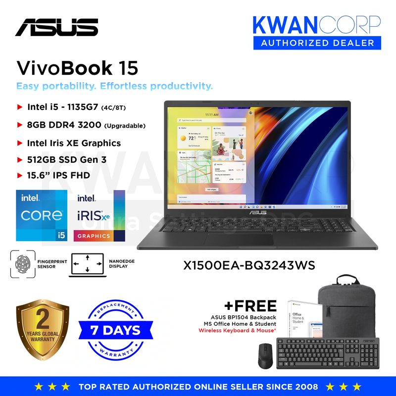 Asus Vivobook 15 X1500EA-BQ3243WS Intel i5 1135G7 8GB RAM Intel Iris XE Graphics 512GB SSD Gen 3 15.6" IPS FHD Mainstream Laptop