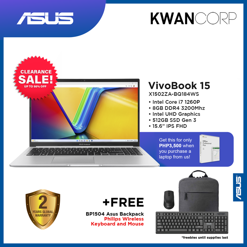 Asus Vivobook 15 X1502ZA-BQ184WS Intel i7 - 1260P  8GB RAM Intel UHD Graphics 512GB SSD 15.6" IPS FHD