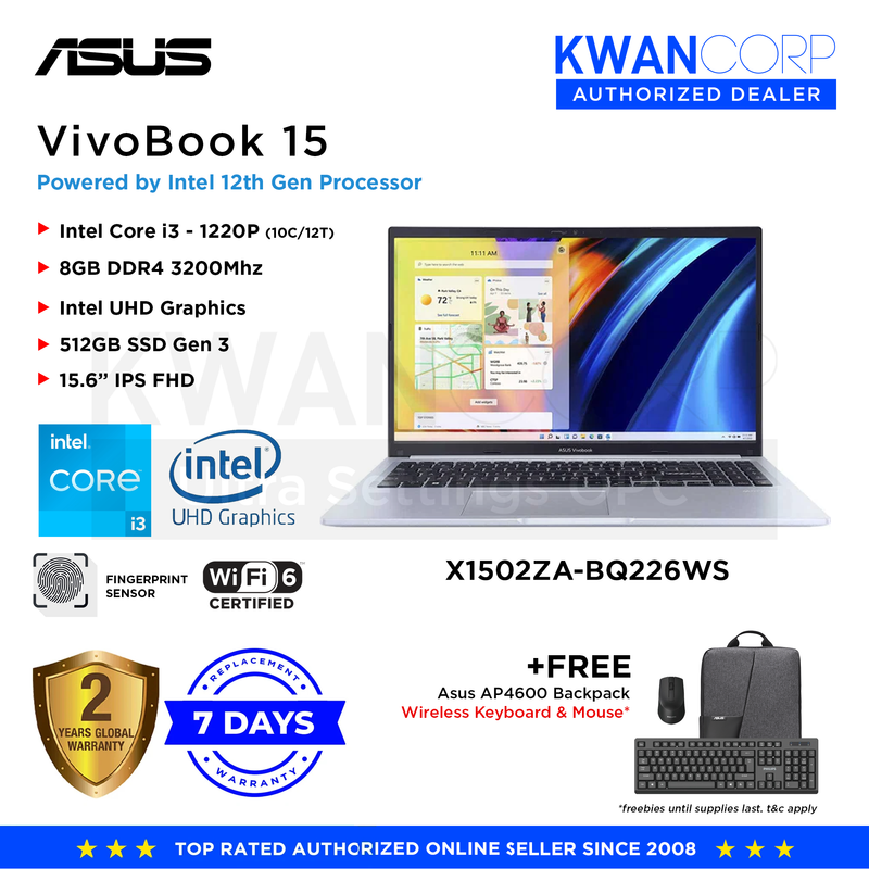 Asus Vivobook 15 X1502ZA-BQ226WS Intel i3 - 1220P 8GB RAM Intel UHD Graphics 512GB SSD 15.6" IPS FHD Mainstream Laptop