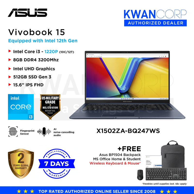 Asus Vivobook 15 X1502ZA-BQ247WS Intel i3 1220P 8GB RAM Intel UHD Graphics 512GB SSD Gen 3 15.6" IPS FHD Mainstream Laptop