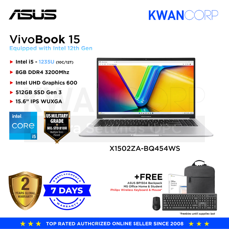 Asus Vivobook 15 X1502ZA-BQ454WS Intel i5 1235U 8GB RAM Intel UHD Graphics 600 512GB SSD 15.6" FHD Mainstream Laptops