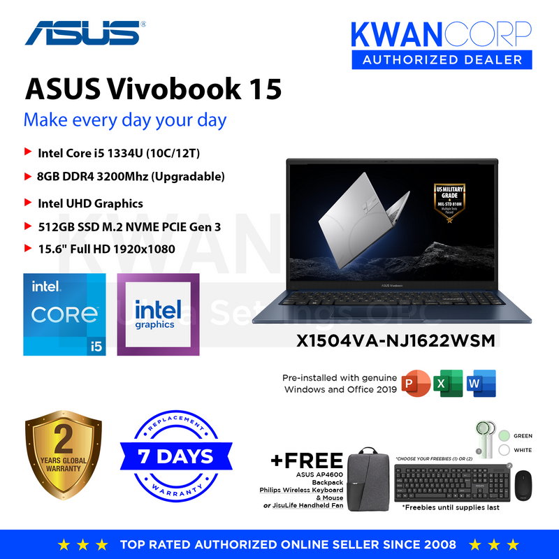 Asus Vivobook 15. X1504VA-NJ1622WSM Intel i5 1334U 8GB RAM Intel UHD Graphics 512GB SSD 15.6" FullHD 1920x1080 Windows 11 Mainstream Laptop