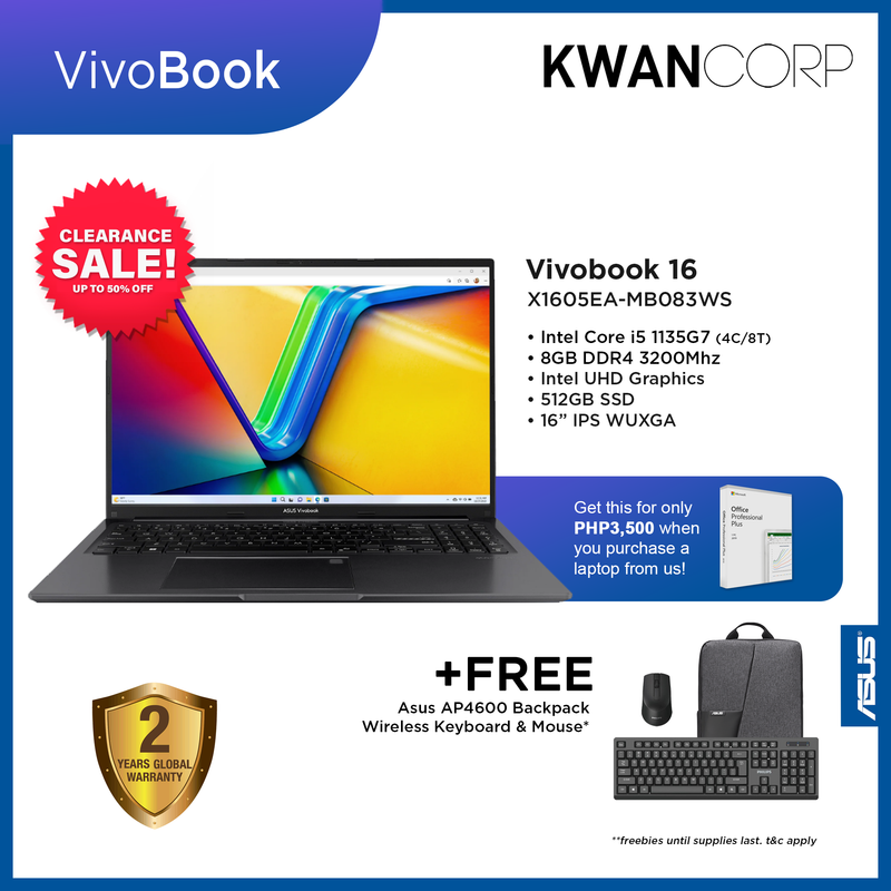 Asus Vivobook 16 X1605EA-MB083WS Intel i5 1135G7 8GB RAM Intel UHD Graphics 512GB SSD Gen 3 16" IPS WUXGA Laptop