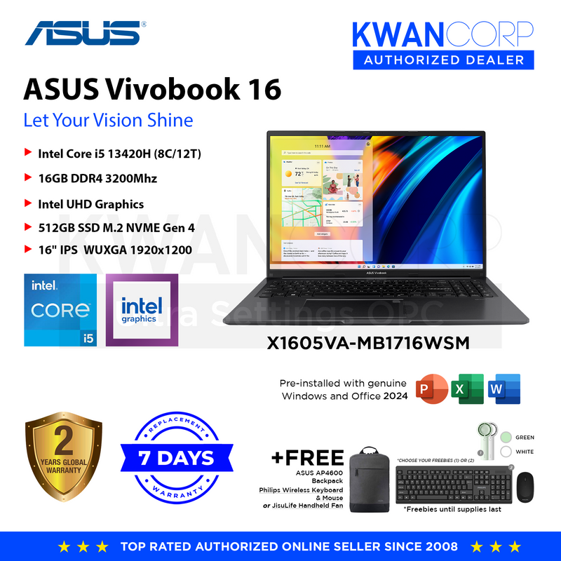 Asus Vivobook 16. X1605VA-MB1716WSM Intel i5 Raptor Lake 13420H 16GB RAM Intel UHD Graphics 512GB SSD M.2 16" IPS WUXGA 1920x1200 Windows 11 Mainstream Laptop