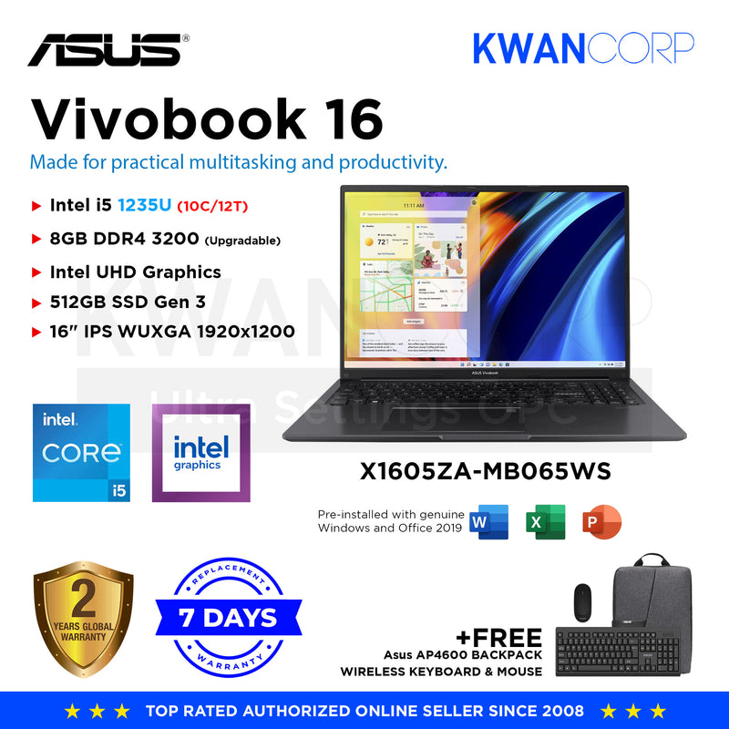 Asus Vivobook 16 X1605ZA-MB065WS Intel i5 1235U 8GB RAM Intel UHD Graphics 512GB SSD 16" IPS WUXGA Mainstream Laptop