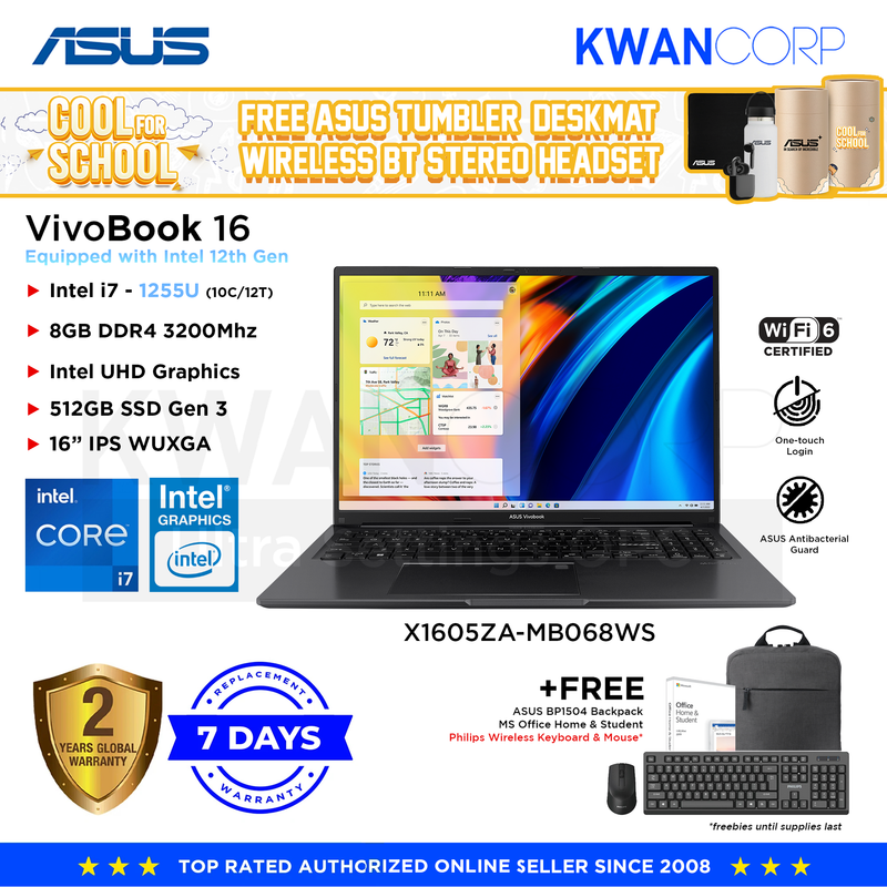 Asus Vivobook 16 X1605ZA-MB068WS Intel i7 1255U 8GB RAM Intel UHD Graphics 512GB SSD Gen 3 16" IPS WUXGA Mainstream Laptop