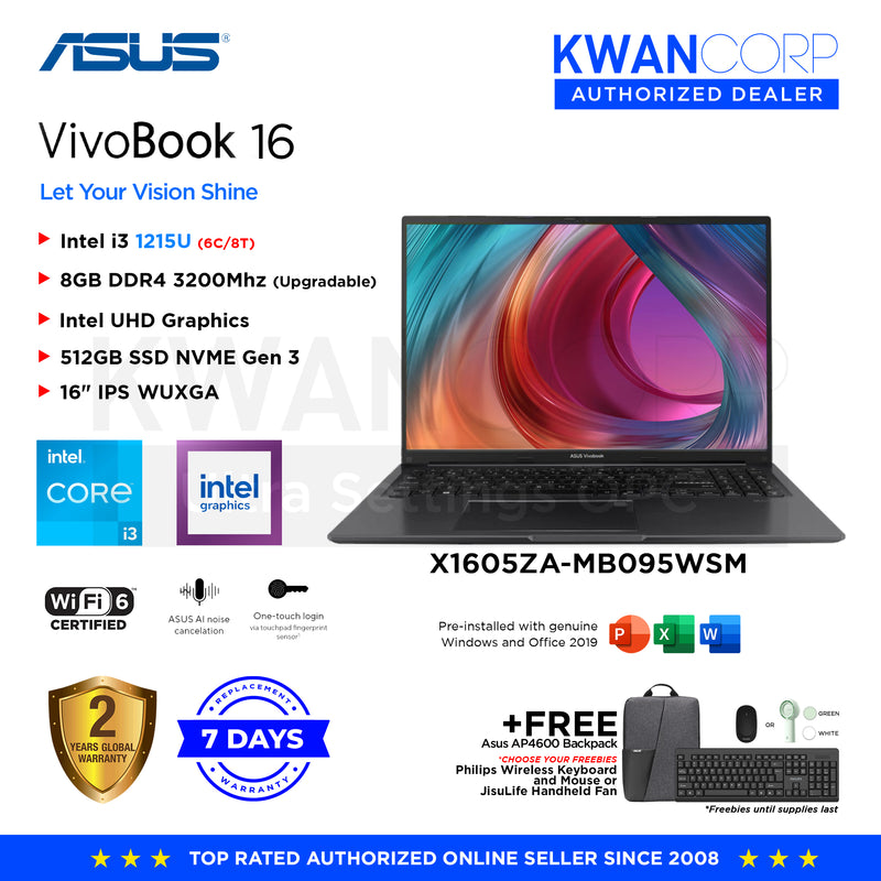 Asus Vivobook 16 X1605ZA-MB095WSM Intel i3 1215U 8GB RAM Intel UHD Graphics 512GB SSD 16" IPS WUXGA Mainstream Laptop