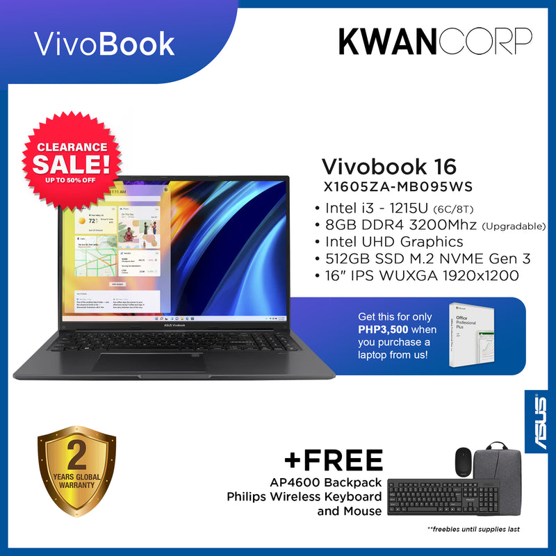 Asus Vivobook 16 X1605ZA-MB095WS Intel i3 1215U 8GB RAM Intel UHD Graphics 512GB SSD 16" IPS WUXGA Mainstream Laptop