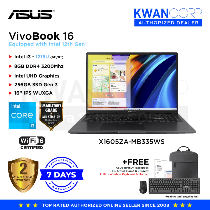 Asus Vivobook 16 X1605ZA-MB335WS Intel i3 1215U 8GB RAM Intel UHD Graphics 256GB SSD Gen 3 16" IPS WUXGA Mainstream Laptop
