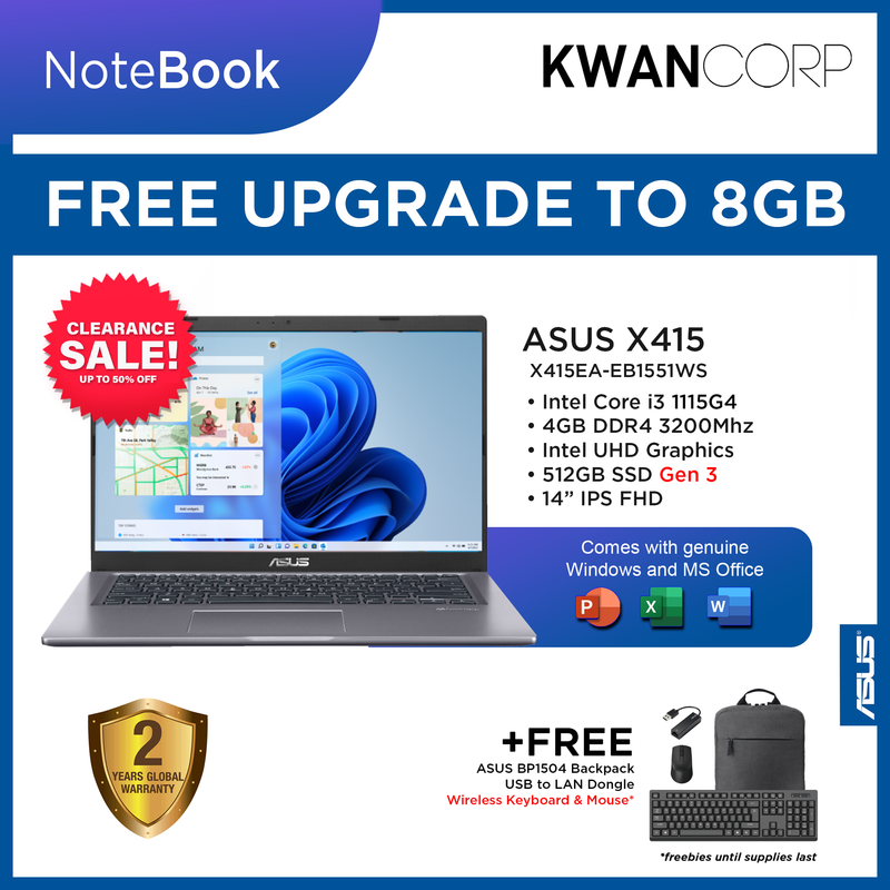 Asus Notebook X415EA-EB1551WS Intel i3  4GB RAM Intel UHD Graphics  512GB SSD Gen 3 14" IPS FHD Mainstream Laptop