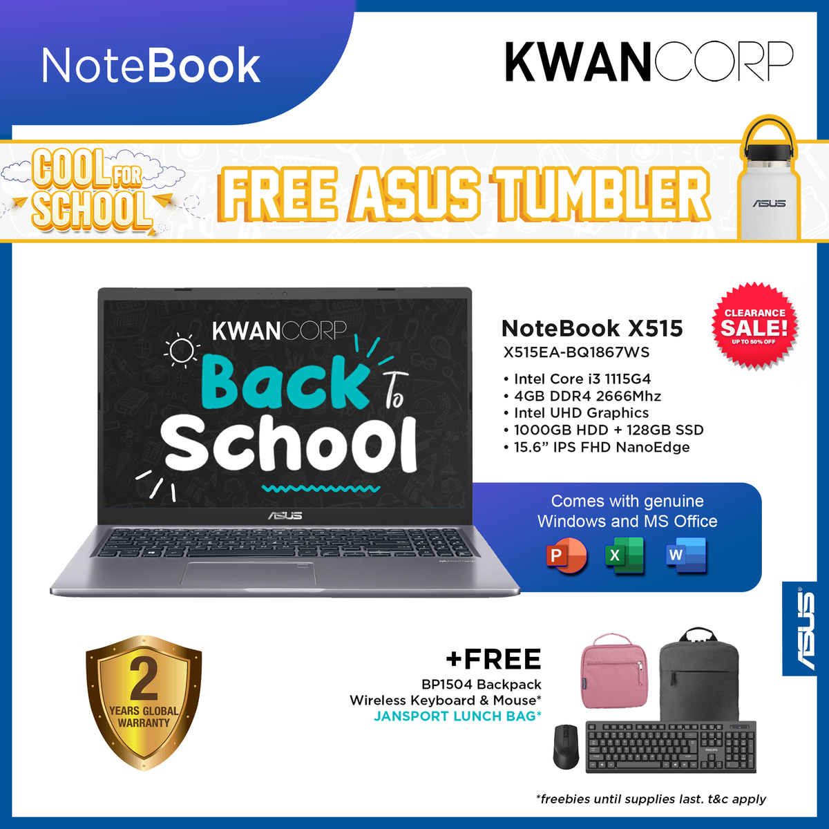 Asus Notebook X515EA-BQ1867WS Intel i3 1115G4 4GB RAM Intel UHD Graphi