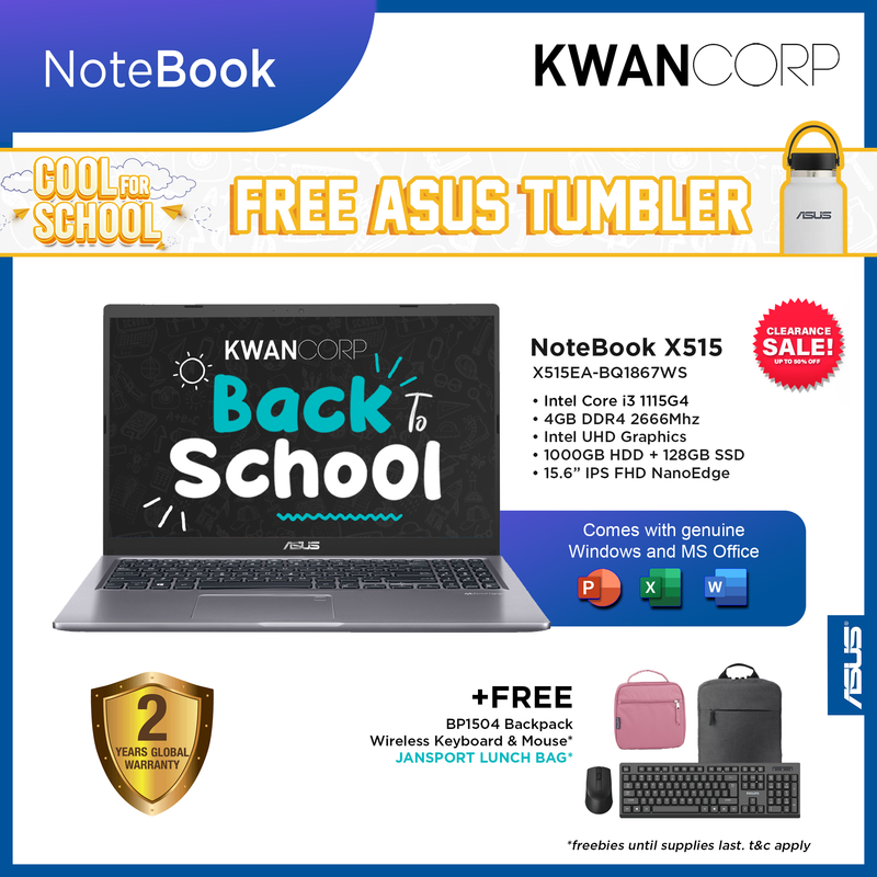 Asus Notebook X515EA-BQ1867WS Intel i3 1115G4 4GB RAM Intel UHD Graphics 1000GB HDD 128GB SSD 15.6" IPS FHD Mainstream Laptop