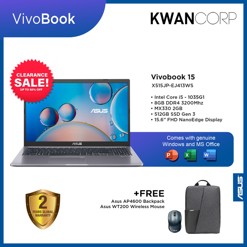 Asus Vivobook 15 X515JP-EJ413WS Intel i5 1035G1 8GB RAM MX330 2GB 512GB SSD 15.6" FHD Laptop