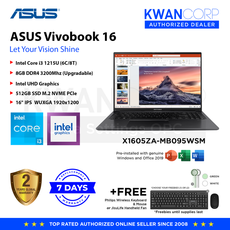 Asus Vivobook 16 X1605ZA-MB095WSM Intel i3 1215U 8GB RAM Intel UHD Graphics 512GB SSD 16" IPS WUXGA Mainstream Laptop